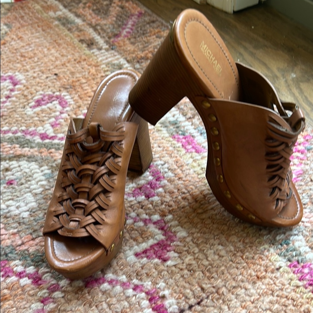 Michael Kors Tan Leather Platform Mules with Braided Lace-Up Detail